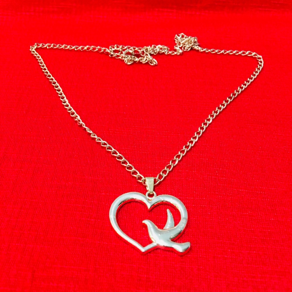 Gold Tone Dove Bird with Heart Peace Necklace